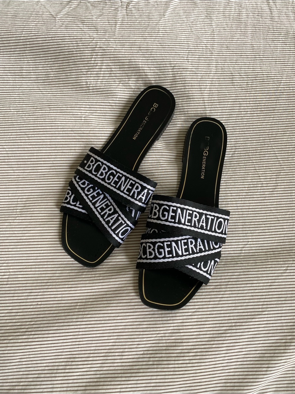BCBGeneration Black and White Logo Slide Sandals